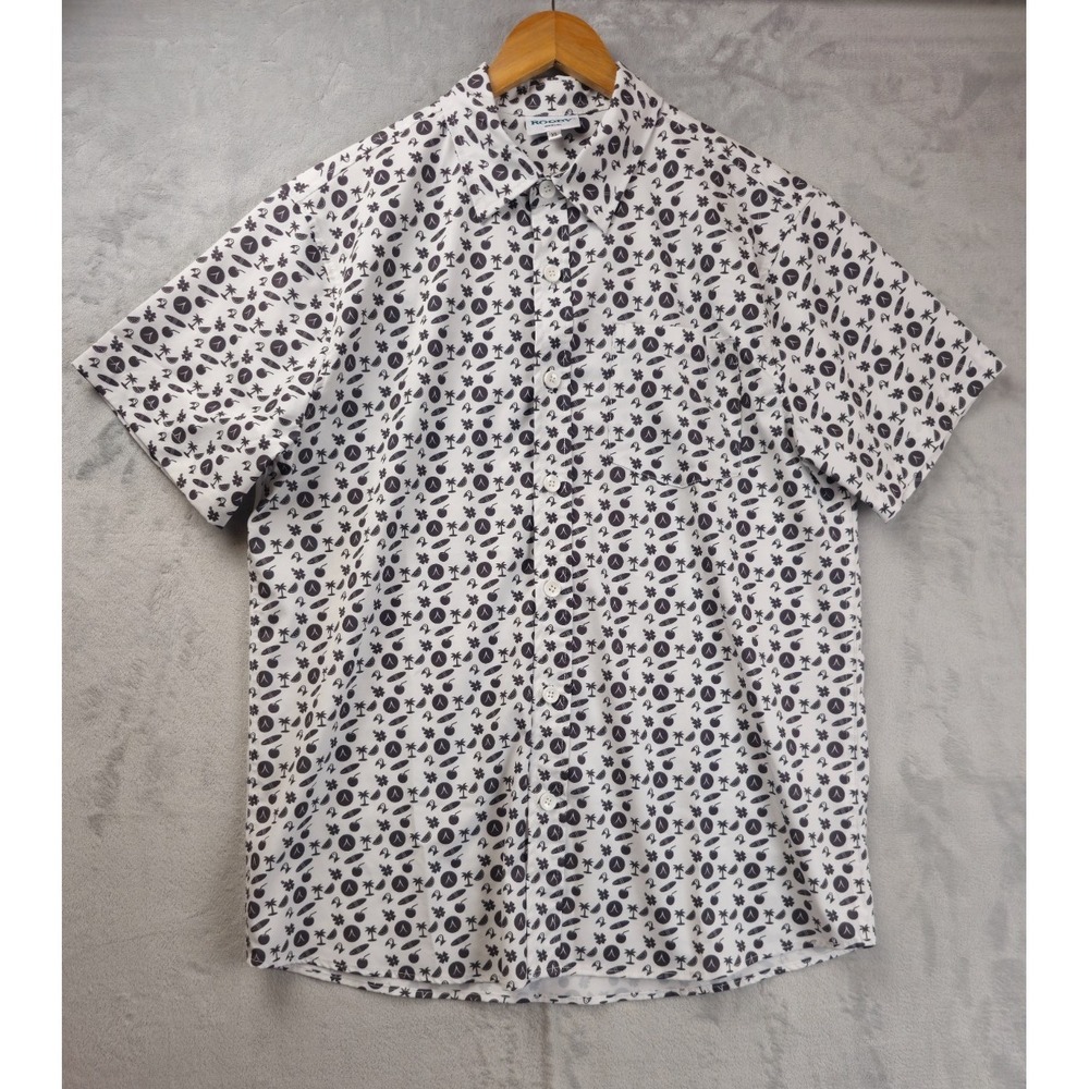 Roody Mens XL White Gray Performance AOP Geometric Hawaiian Shirt Button Up
